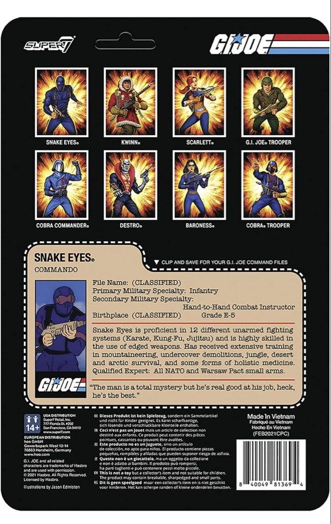Gi Joe Super 7 Snake Eyes (Category: Action & Battle Toys) located in San Fernando. Submitted by collecatoy (Listing ID 1468600271, Image 2). Description: 3.75”.