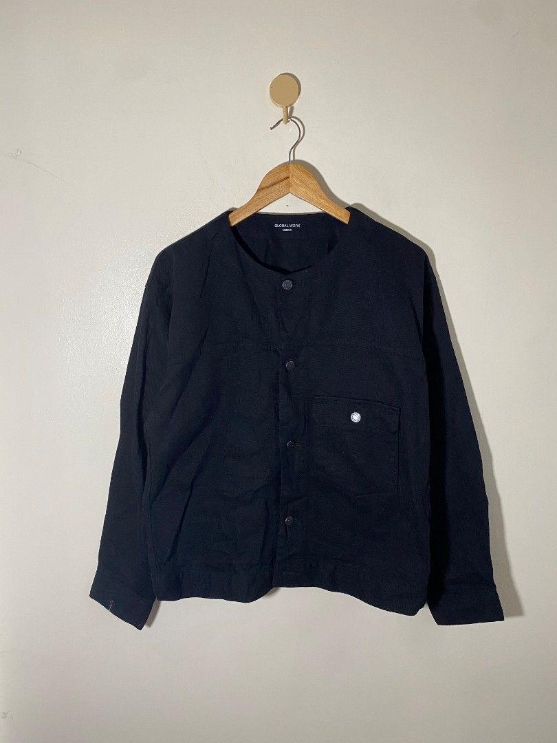 Global Work Japan 🇯🇵 Denim Collarless Jacket (Category: Coats, Jackets and Outerwear) located in Abucay. Submitted by jamesnike21 (Listing ID 1468589176, Image 2). Description: 📌Global Work Denim Collarless Jacket 📌like new condition 📌size med on tag 📌width 22' 📌length 25' 📌shoulder 20' 📌Slightly wrinkled due to storage 👍 📌The color of the product may differ from actual color depending on the type, condition of the display, surrounding