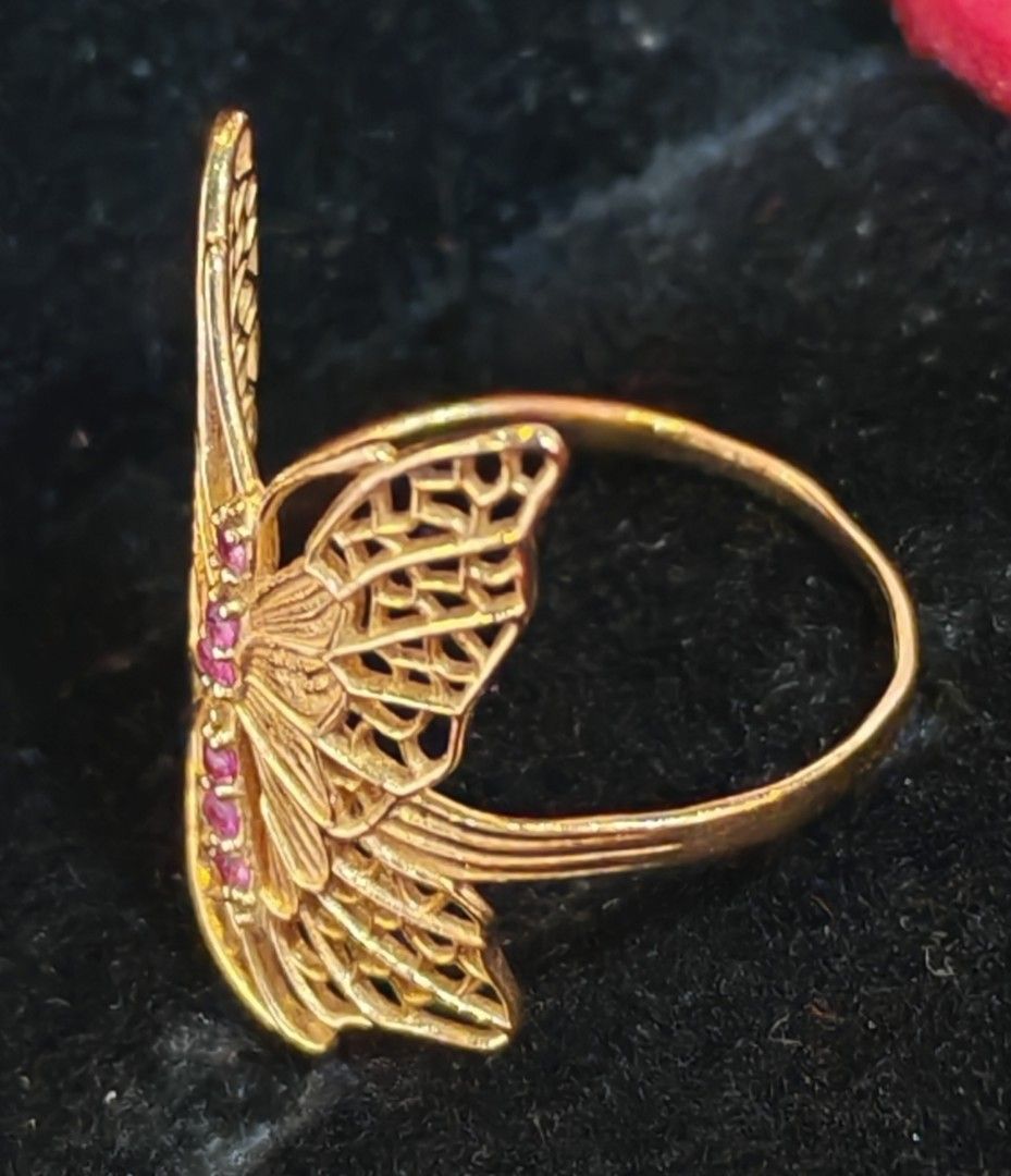Gold Butterfly Ring K18 with Natural Ruby (Category: Rings) located in Caloocan City. Submitted by mommyella22 (Listing ID 1468503430, Image 2). Description: K18 Butterfly Ring with Natural Ruby💕 🦋 🇯🇵Japan Setting ♥️ YG, solid 18k, fits size 5 Super maganda😍 .