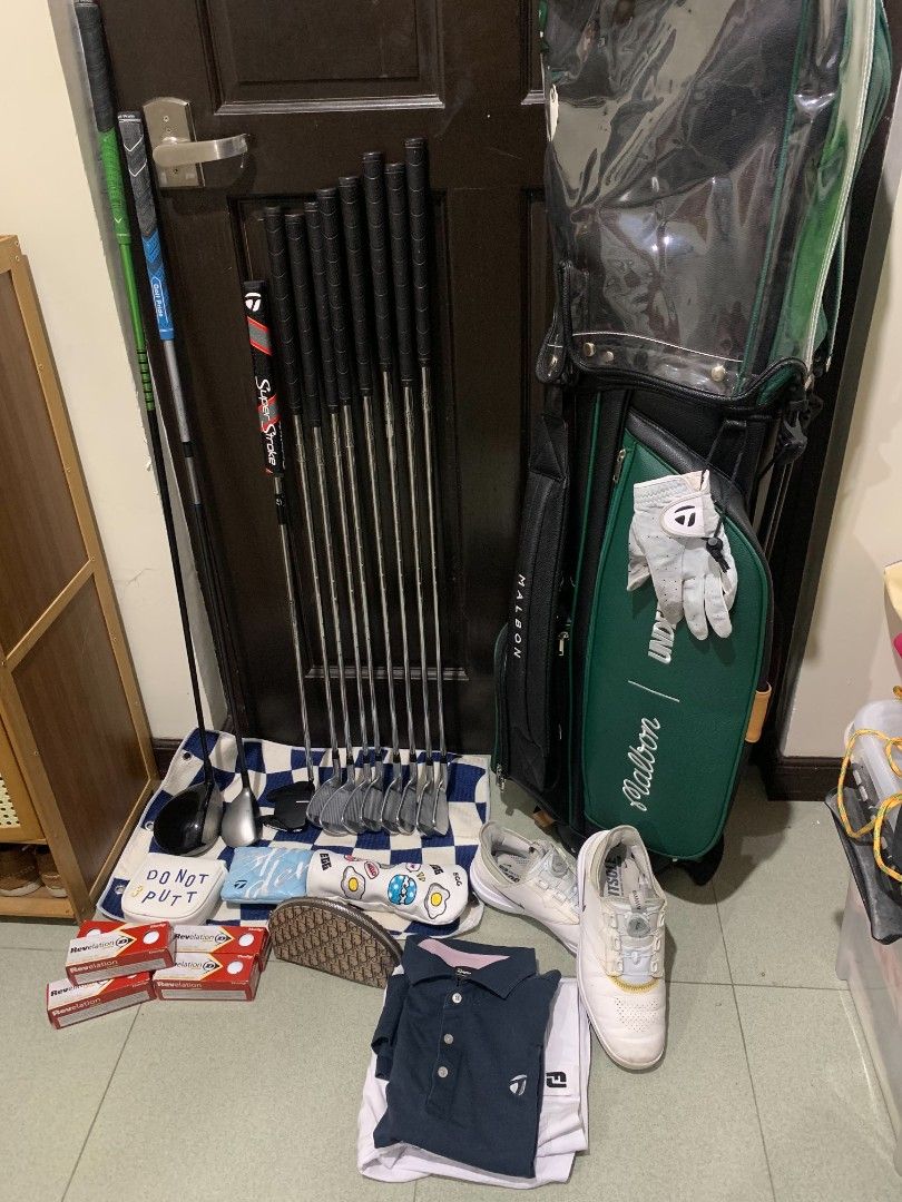 Golf set (Category: Golf) located in Cebu City. Submitted by karlosta.2262 (Listing ID 1468690170, Image 1). Description: - Complete golf set, ready to play right away - Stylish Malbon green and black stand bag - TaylorMade irons and putter with SuperStroke grip - Includes driver, fairway wood, and golf shoes - Comes with matching headcovers, golf balls, polo shirt, and glove - Ideal for beginners or players looking for a full kit upgrade - Every