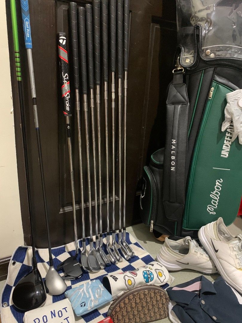 Golf set (Category: Golf) located in Cebu City. Submitted by karlosta.2262 (Listing ID 1468690170, Image 3). Description: - Complete golf set, ready to play right away - Stylish Malbon green and black stand bag - TaylorMade irons and putter with SuperStroke grip - Includes driver, fairway wood, and golf shoes - Comes with matching headcovers, golf balls, polo shirt, and glove - Ideal for beginners or players looking for a full kit upgrade - Every