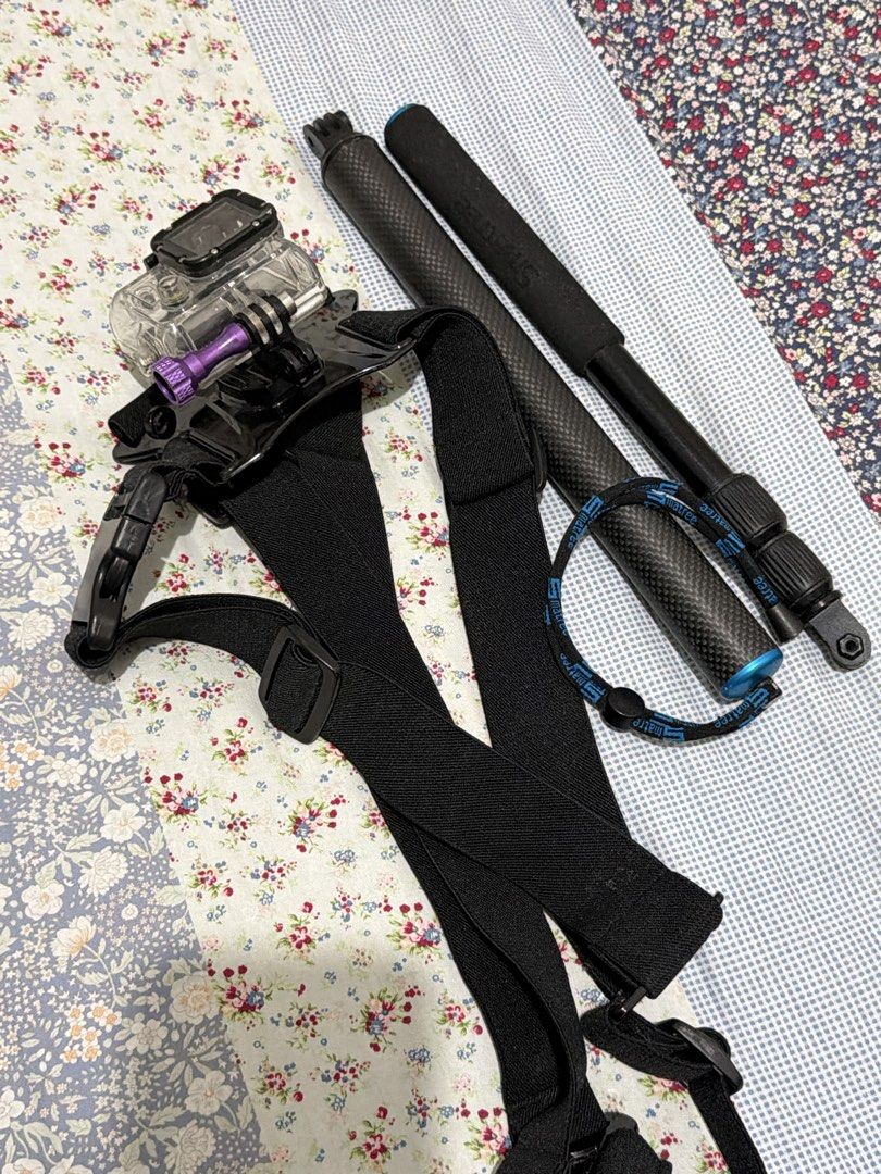GoPro Hero 4 Camera Chest Mount and Selfie Stick Bundle (Category: Cameras) located in Pateros City. Submitted by turtleyhappy (Listing ID 1468544039, Image 1). Description: - Complete action camera kit for outdoor recording and action shots - Includes a comfortable black chest harness mount - Comes with a protective waterproof housing case - Stylish purple thumb screw included - Two durable extension poles featuring a carbon fiber pattern - Secu