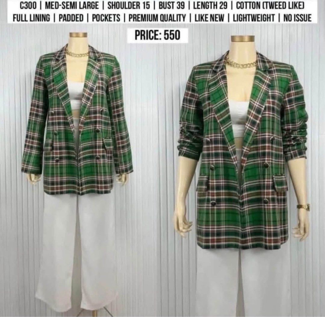 GREEN CHECKERED BLAZER | MED-SEMI LARGE (Category: Coats, Jackets and Outerwear) located in Manila. Submitted by superizza (Listing ID 1468706302, Image 1). Description: 🌻Location: Paco, Manila. No physical store 🌻Mannequin estimated height: 5’4 🌻Mqnnequin size: Small 🌻Mannequin waist: 23” 🌻Mannequin thigh circumference: 36” 🌻Items are already washed and front steamed, pwede na suotin if di ka maselan. 🌻All items are thrifted (from ukay ba