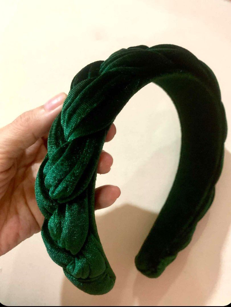 Green velvet chunky headband (Category: Hair Accessories) located in Las Pinas. Submitted by apples_here (Listing ID 1463825672, Image 2). Description: ​Description: Bring plush, rich texture to your hairstyle with our Braided Velvet Padded Headband! Crafted with a luxurious dark emerald green velvet woven into a thick, chunky braid, this statement crown brings an effortless touch of vintage glamour to any look. ​Plush Velvet Finish: Soft, high-s