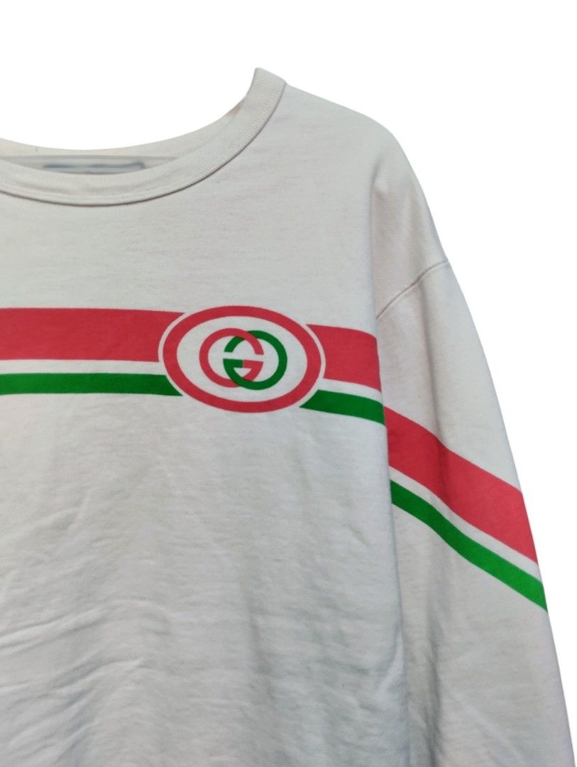 Gucci Interlocking G Stripe Sweatshirt White XL (Category: Coats, Jackets and Outerwear) located in Manila. Submitted by niggzreyno51476 (Listing ID 1468512114, Image 3). Description: - Brand: Gucci - Color: White - Size: XL (Comfortable oversized fit) - Material: Cotton - Origin: Made in China - Design: Iconic red & green stripe with interlocking G logo across chest and sleeves - Style: Classic crewneck with ribbed cuffs and hem.