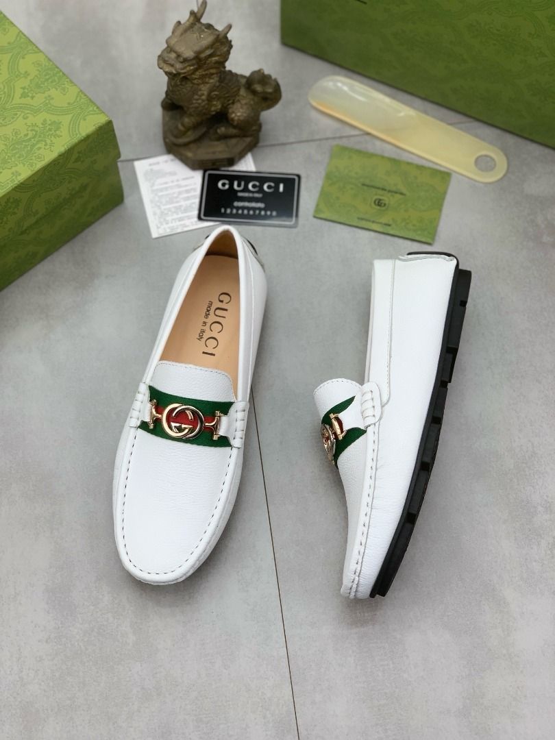 Gucci White Leather Loafers with Interlocking G Hardware(1.1) (Category: Loafers) located in Mandaluyong City. Submitted by noblestone_322cca (Listing ID 1468654024, Image 3). Description: [Gucci] New Classic Moccasins (Driving Shoes) – Premium, authentic-grade quality with exquisite craftsmanship. 💪🏼 High-end, sophisticated men’s casual moccasins featuring a stylish British-inspired aesthetic. 🎈 The upper is crafted from imported Italian calf