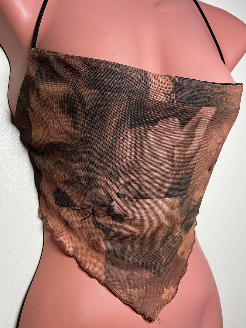 HALTER BANDANA TOP (Category: Sleeveless) located in Manila. Submitted by lldy_mmrl (Listing ID 1468533323, Image 2). Description: Renaissance Graphic Print Sheer Mesh Stringed Backless Size Medium (on tag).