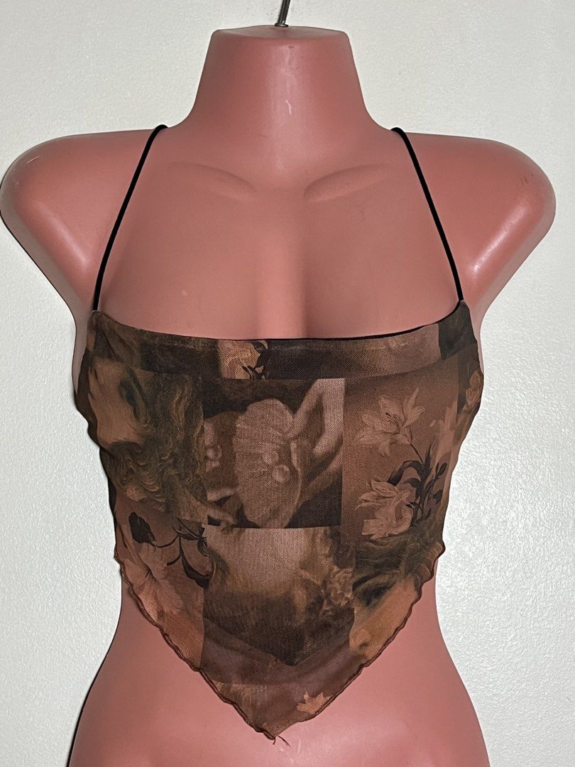 HALTER BANDANA TOP (Category: Sleeveless) located in Manila. Submitted by lldy_mmrl (Listing ID 1468533323, Image 1). Description: Renaissance Graphic Print Sheer Mesh Stringed Backless Size Medium (on tag).