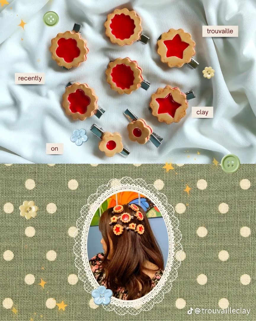 Handmade Clay Jam Biscuit Hair Clips (Category: Hair Accessories) located in Caloocan City. Submitted by trouvaille.clay (Listing ID 1468595045, Image 1). Description: - Handmade polymer clay hair clips shaped like miniature jam biscuits - Features realistic flaky cookie edges with bright red jam centers - Available in circular flower and star cutouts - Secured firmly on durable alligator hair clips - Lightweight design ideal for everyday wear or