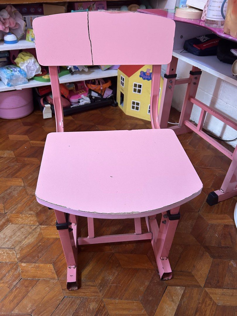 Hello Kitty Kids Study Table and Chair Set Pink (Category: Kids Tables & Chairs) located in Las Pinas. Submitted by gayle_r (Listing ID 1468564699, Image 2). Description: - Pink Kitty study desk and matching chair set - Features a built-in storage shelf under the desktop - Adjustable pink metal frames for both desk and chair - Fully functional and sturdy for studying, writing, or drawing - Flaws to note: Noticeable crack on the chair backrest, pl