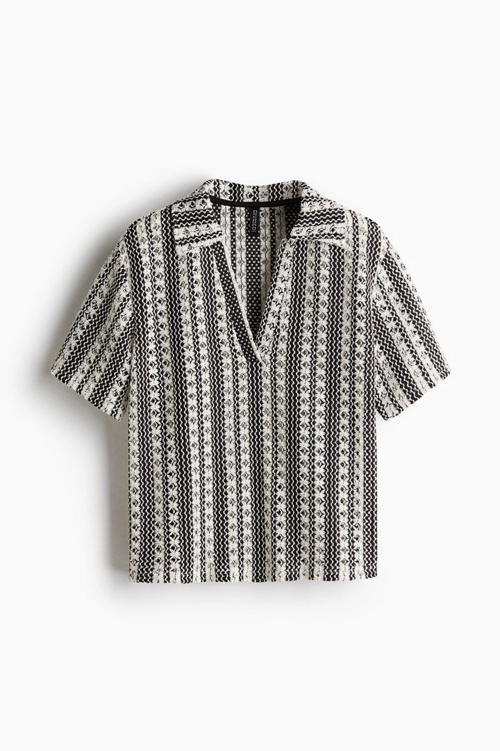 H&M Hole-Patterned Collared Top (Category: Shirts) located in Makati City. Submitted by andrae.thomas (Listing ID 1468682061, Image 1). Description: - Brand: H&M Divided - Style: Open knit polo shirt with V-neck collar and short sleeves - Color: Black and white with vertical stripe texture - Size: M - Loc: Makati. - Meet Up: Taft, DLSU, CSB.