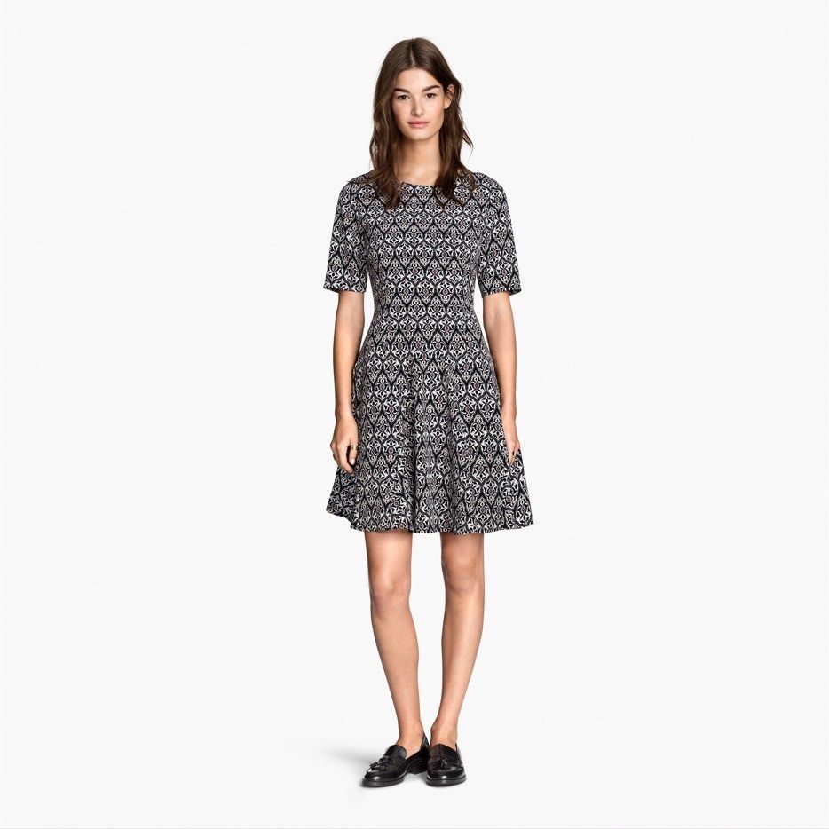 H&M Skater Dress (Category: Dresses) located in Malolos. Submitted by eadiana (Listing ID 1468570949, Image 2). Description: - Brand: H&M Conscious Collection - Size: EUR 34 / US 4 / CN 160/80A - Color/Pattern: Black, white, and pink intricate damask print - Design: Short sleeves with button cuffs, fitted waist, and flared skirt - Closure: Convenient back zip closure - Condition: Great piece for casual outings or dressing up - Lightweight and com