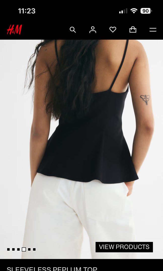 H&M Sleeveless Peplum Top (Category: Sleeveless) located in Quezon City. Submitted by ktmrn (Listing ID 1468670199, Image 2). Description: - Brand: H&M - Color: Classic Black - Design: Square neckline with thin shoulder straps - Fit: Fitted bodice with a flattering flared peplum waist - Style: Sleek and versatile - Pairing: Perfect to match with jeans or trousers for casual or dressed-up occasions worn once.