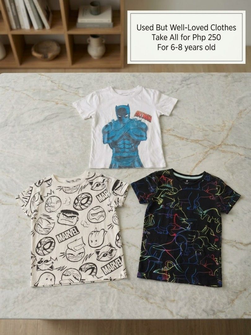 H&M T-Shirt Bundle for 6-8 Years (Category: Babies & Kids Fashion) located in Pasig City. Submitted by exodusmomma (Listing ID 1468708362, Image 1). Description: - Bundle includes 3 stylish boys t-shirts: White Batman graphic tee, Cream Marvel cartoon sketch all-over print tee, and Black rainbow dinosaur outline tee - Size: Fits kids aged 6 to 8 years old - Perfect for everyday casual wear - Great value: Selling all three together for only PHP 25