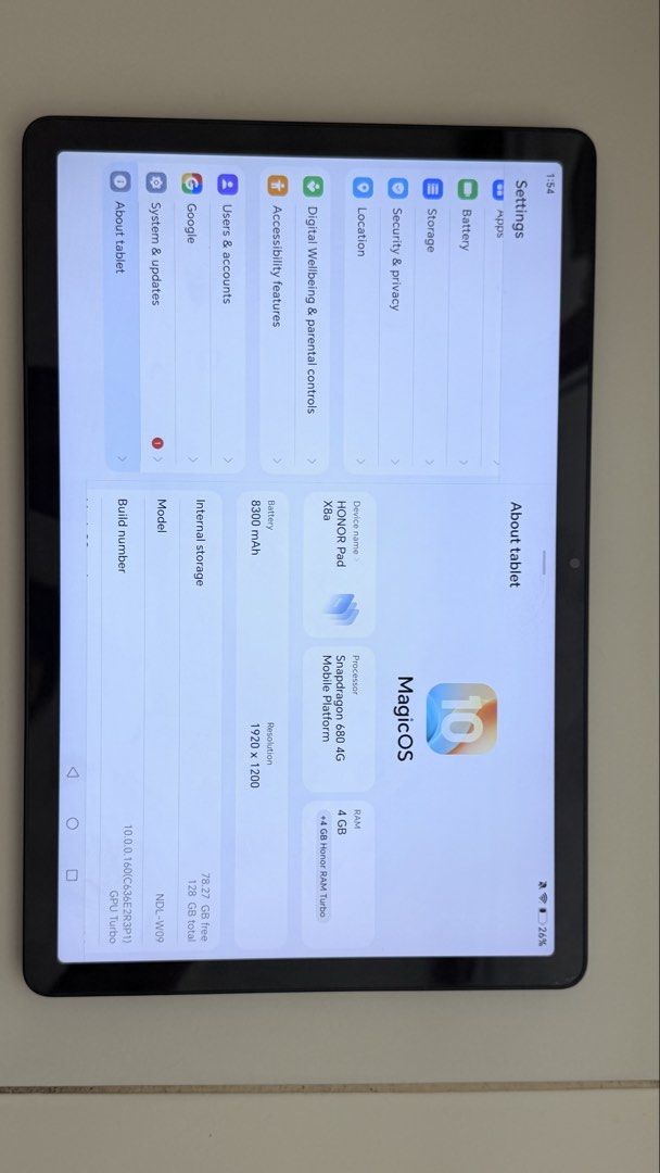 HONOR X8a TAB (4/128) WiFi only (Category: Android) located in Binan City. Submitted by kuyathan (Listing ID 1468551244, Image 3). Description: Original Legit Authentic Model NDL W09 4+4 GB RAM, 128 GB storage Unit only with replacement Bavin charger & case, No issue, NO SWAP, No repair history, NO TO RESELLERS !!!, may Maliit na dent and a discolored side (see pictures) NEGOTIABLE PRICE FOR NEARBY BUYER.