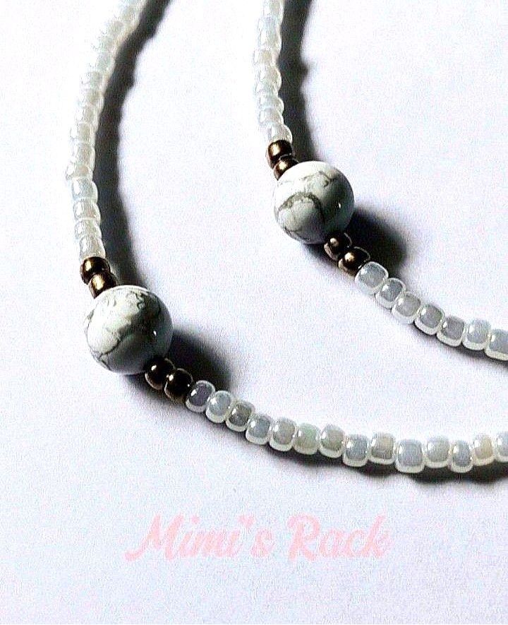 HOWLITE IN SEED BEADS NECKLACE (Category: Necklaces) located in Taguig. Submitted by mimisrack (Listing ID 1468656381, Image 3). Description: 🤍Calming minimalist necklace designed for peace and balanced energy -Howlite is known for calming emotions and reducing stress -Encourages patience, mindfulness, and peaceful communication -Promotes emotional balance and steady thinking -Seed bead design keeps it lightweight and comfortable -Clean, neutral