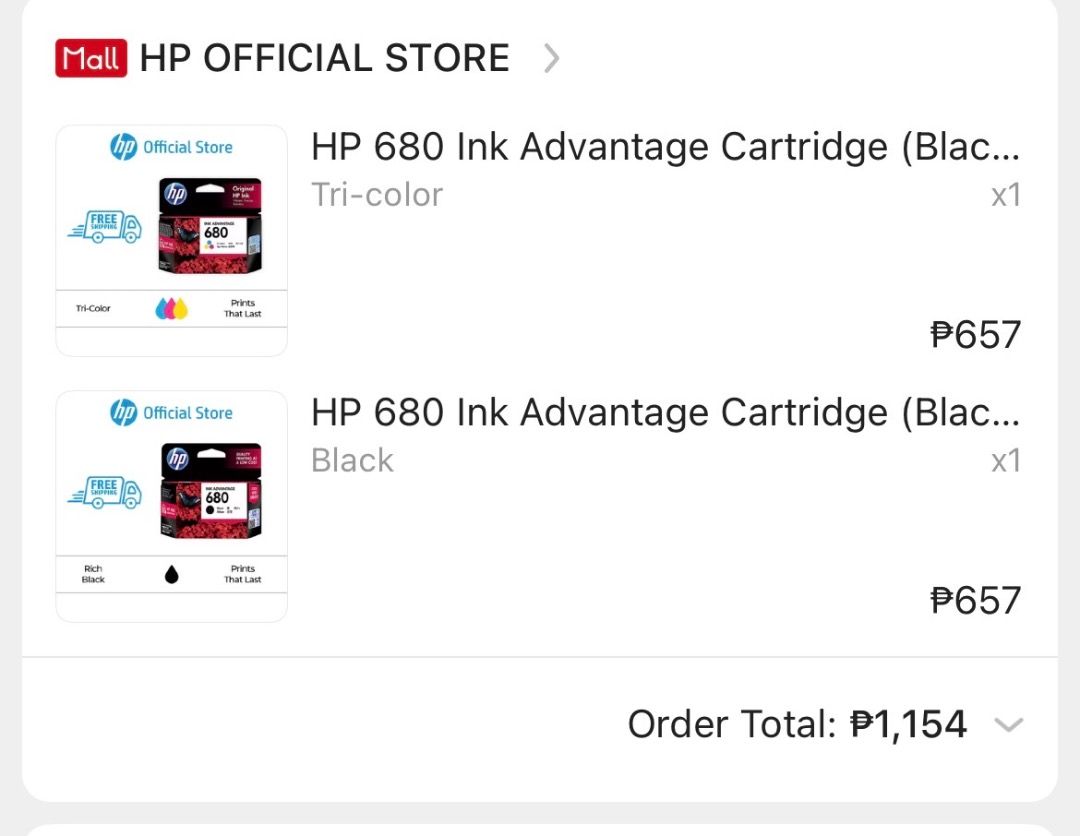 HP 680 Ink Advantage Cartridge (Category: Printers, Scanners & Copiers) located in Pasig City. Submitted by pastorinme30745 (Listing ID 1468576647, Image 3). Description: - Authentic HP 680 Ink Advantage cartridges - Quantity: 2 unopened boxes available - Fresh stock, ready for immediate use - For sale in the Philippines only (as printed on packaging) - Great bundle deal for heavy volume printing.