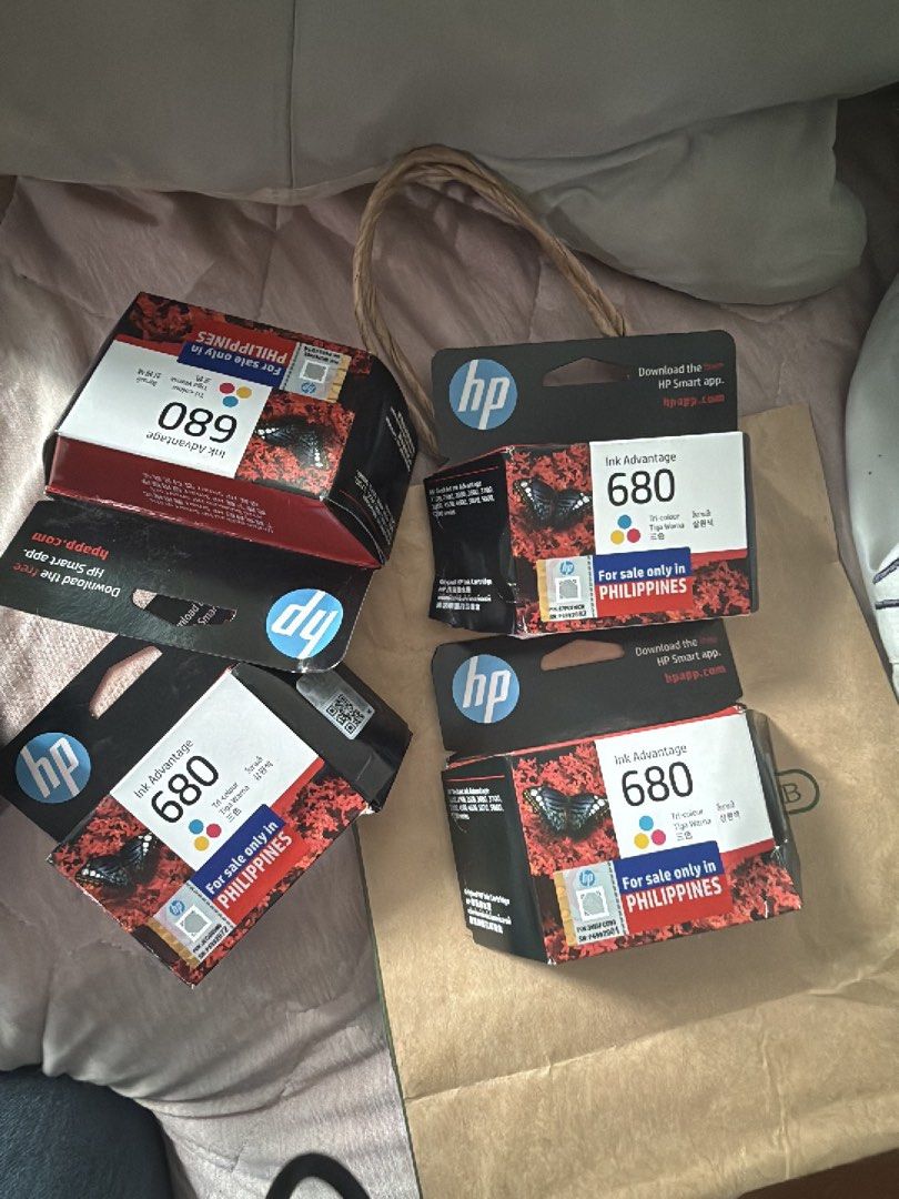 HP 680 Tri-colour Ink Advantage Cartridge (Category: Printers, Scanners & Copiers) located in Manila. Submitted by aietan (Listing ID 1468577340, Image 2). Description: - Quantity: 4 boxes of HP 680 tri-colour ink cartridges - Condition: Brand new, unopened packaging - Region: Specifically marked for sale only in the Philippines - Warranty: Valid until April 2028 - Ideal as a great backup supply for printer users.