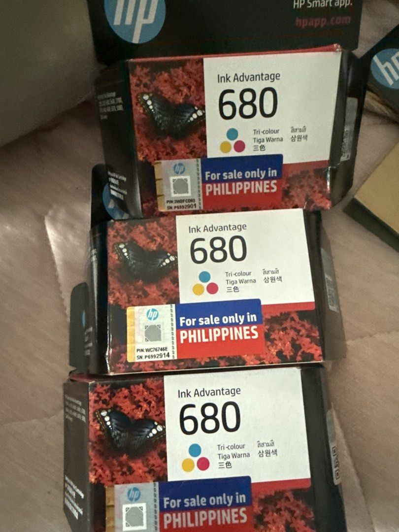 HP 680 Tri-colour Ink Advantage Cartridge (Category: Printers, Scanners & Copiers) located in Manila. Submitted by aietan (Listing ID 1468577340, Image 3). Description: - Quantity: 4 boxes of HP 680 tri-colour ink cartridges - Condition: Brand new, unopened packaging - Region: Specifically marked for sale only in the Philippines - Warranty: Valid until April 2028 - Ideal as a great backup supply for printer users.