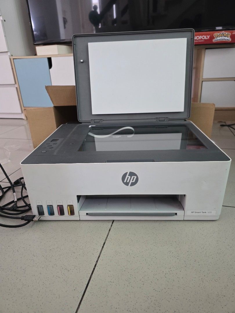 HP Smart Tank 520 All-in-One Printer (Category: Printers, Scanners & Copiers) located in Quezon City. Submitted by bon00 (Listing ID 1468561782, Image 1). Description: - HP Smart Tank 520 All-in-One Printer in sleek white and dark gray - Built-in flatbed scanner for easy copying and scanning - Refillable ink tanks with convenient front ink level windows - Compact footprint ideal for home office setups - Includes power cable and USB cable - 100% w