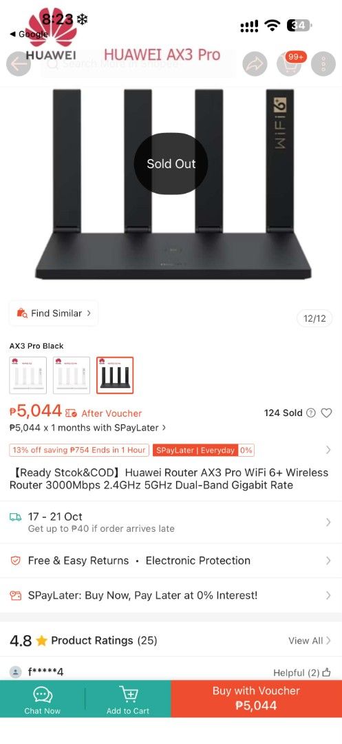 Huawei WiFi AX3 Pro 3000Mbps Router (Category: Networking) located in Pasig City. Submitted by 35th.store (Listing ID 1468523392, Image 3). Description: - Model: Huawei WiFi AX3 Pro Wireless Router - Color: Black with 4 high-gain external antennas - Speed: Dual-band gigabit rate up to 3000Mbps - Technology: Advanced WiFi 6+ for faster and stable connection - Inclusions: Complete with original box and manuals - Condition: Like new / Well-maintaine
