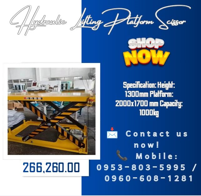 Hydraulic Lifting Platform Scissor (Category: Everything Else Others) located in Lapu Lapu. Submitted by purebird.d6b6a1 (Listing ID 1468546047, Image 1). Description: ★Specification: Height: 1300mm ★Platform: 2000x1700 mm ★Capacity: 1000kg #tablelifter #HydraulicLifter #scissorlifter #forsale #salesalesale #BrandNew #buynow #bestseller #legitseller #LEGITONLINESELLER #legitAndTrustedOnlineSeller #LegitAgentsHere #goodquality #BestQuality .