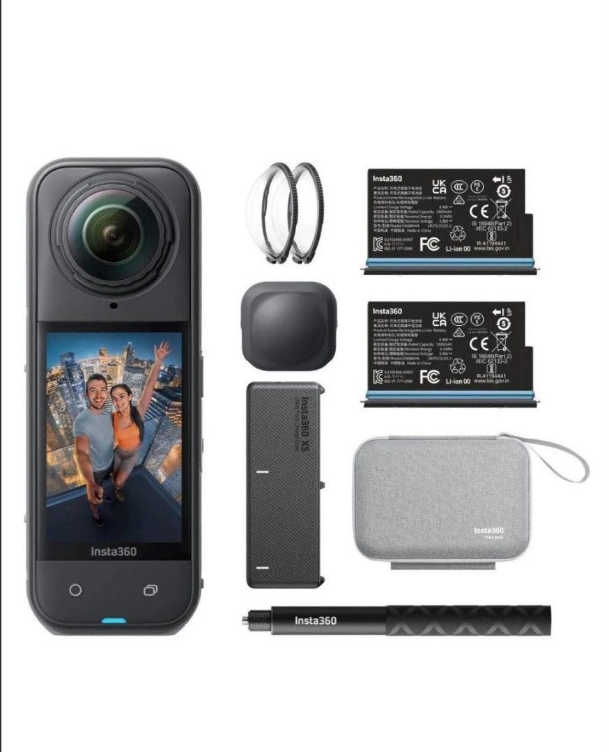 Insta360 X3 Bundle with Batteries and Accessories (Category: Video Cameras) located in Caloocan City. Submitted by reva_g (Listing ID 1468527533, Image 1). Description: - Complete Insta360 X5 action camera bundle, fully functional and ready to use - Includes two rechargeable batteries and a multi-function charging case - Comes with essential protection: lens guards and lens cap - Includes a selfie stick and sturdy carrying case for travel vlogs -