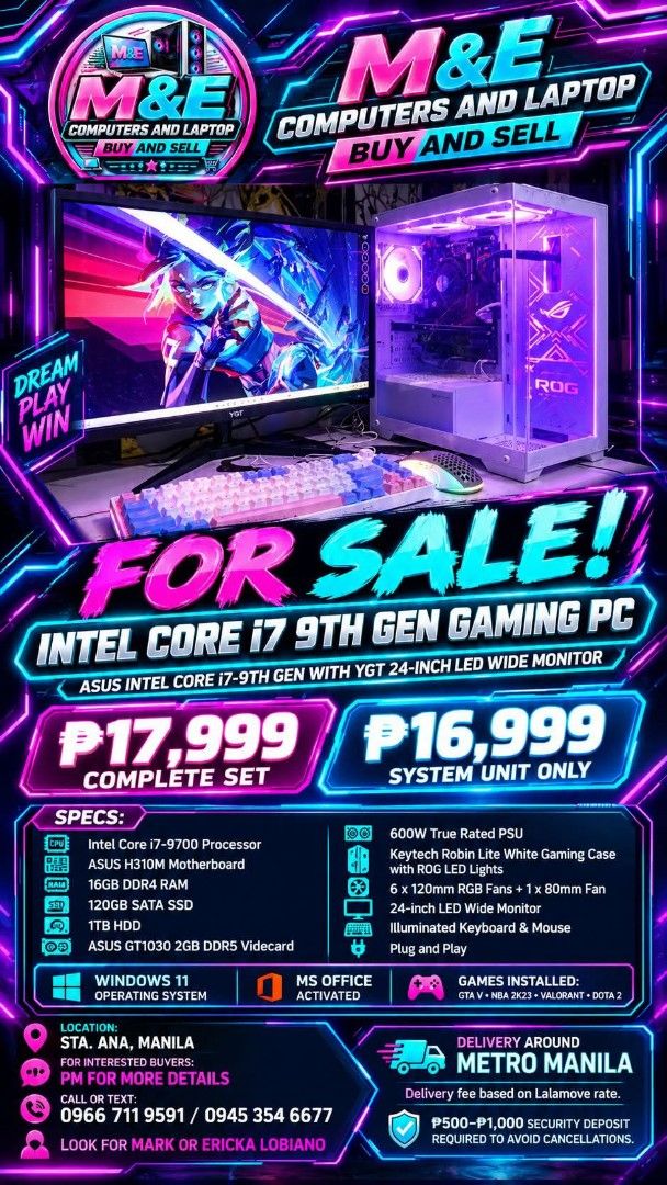 Intel Core i7 9th Gen Gaming PC Complete Set (Category: Desktops) located in Manila. Submitted by marksantos_19 (Listing ID 1468655789, Image 1). Description: ‼️FOR SALE INTEL CORE I7-9TH GEN GAMING PC ‼️ ❣️ASUS INTEL CORE I7- 9TH GEN WITH YGT 24 INCHES LED WIDE MONITOR❣️ 🔥17,999 PESOS ONLY 🔥 🔥16,999 SYSTEM UNIT ONLY 🔥 ✅INTEL CORE I7-9700 PROCESSOR ✅ASUS H310M MOTHERBOARD ✅16GB RAM DDR4 ✅120GB SSD SATA ✅1000 GB HDD ✅ASUS GT1030 2GB DDR5 VIDEO