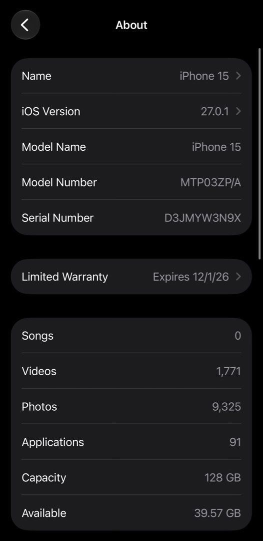 iPhone 15 128GB Under Warranty (Category: iPhone 15 Series) located in Makati City. Submitted by rikairi (Listing ID 1468686814, Image 2). Description: iPhone 15 128GB Black Purchased from Apple Flagship Store Under Apple Warranty until 12/01/2026 97% Battery Health 🔋 225 Cycle Count 9/10 Pristine Condition No Scratches/Dents No Issues/Repairs Inclusions: Unit, Box, Case Location: Makati Can do Meet-ups along LRT/ MRT Stations.