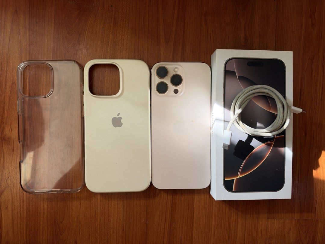 Iphone 16 pro max desert titanium (Category: iPhone 16 Series) located in Baguio. Submitted by stylehouseph (Listing ID 1468514945, Image 1). Description: Iphone 16 pro max 256gb Smart locked (can be open lined thru smart) 90% batt health Very Smooth No cracks Recently changed screen protector Never been opened / repaired W/ original box and charger wire 2 free cases RFS: upgrade.