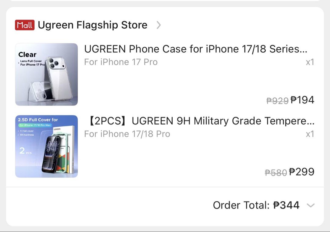 iphone 17/18 pro clear case & 2pc tempered glass (Category: Cases & Sleeves) located in Makati City. Submitted by lalabonitz (Listing ID 1468583398, Image 2). Description: ugreen 2pcs tempered glass for iphone 17/18 pro ugreen clear phone protective case for iphone 17/18pro bought the wrong model and the store rejected my order cancellation request :'( brand new. never opened loc: makati city. shipping fee to be shouldered by buyer.