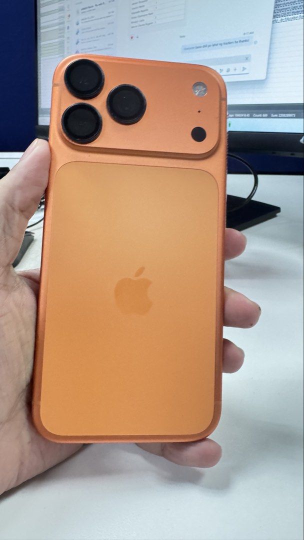 iPhone 17 Pro Max Cosmic Orange 256GB (Category: iPhone 17 Series) located in Quezon City. Submitted by ssingel (Listing ID 1468575669, Image 2). Description: Selling my iPhone 17 ProMax 256 GB Cosmic Orange With original box and charging cable and papers 96% battery health Smooth. Case with tempered glass and camera lens protector since day 1. Bought from Beyond the Box RFS: Upgrade Lowballers will not be accommodated.