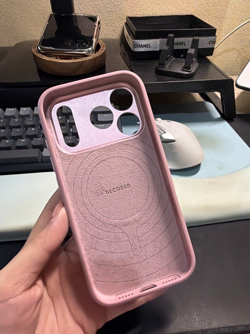 Iphone 17 pro pink case - DECODED (Category: Cases & Sleeves) located in Binangonan. Submitted by thingsbymargs (Listing ID 1468613735, Image 2). Description: - Model: iPhone 17 Pro - Bought in Beyond the box for 3k+ - Color: Elegant Pink with metallic pink accents - Material: Soft-touch matte finish with protective microfiber interior lining - Features: Precision cutouts, metallic side buttons, camera module protection, DECODED brand detailing -