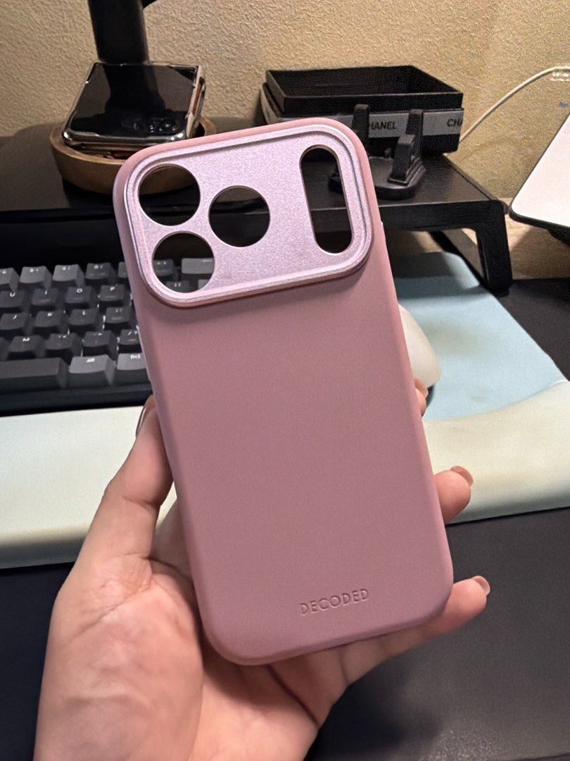 Iphone 17 pro pink case - DECODED (Category: Cases & Sleeves) located in Binangonan. Submitted by thingsbymargs (Listing ID 1468613735, Image 1). Description: - Model: iPhone 17 Pro - Bought in Beyond the box for 3k+ - Color: Elegant Pink with metallic pink accents - Material: Soft-touch matte finish with protective microfiber interior lining - Features: Precision cutouts, metallic side buttons, camera module protection, DECODED brand detailing -