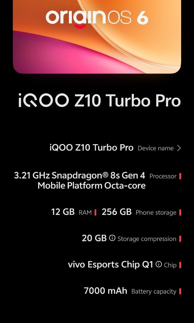 Iqoo z10 turbo pro (Category: Android Others) located in Dauis. Submitted by vastowl_7d67ba (Listing ID 1468678808, Image 1). Description: • Snapdragon 8s Gen 4 • 92% bh • 6.78" AMOLED 144Hz display • 12 + 12 GB ram • 256 GB storage • 7000mAh battery • 120W fast charging • 50MP main camera • High-performance gaming phone • Smooth 144Hz display Inclusions: orig charger, 2 phone case, 1 privacy tempered, box (walang manual since nawala) Isuue: mino