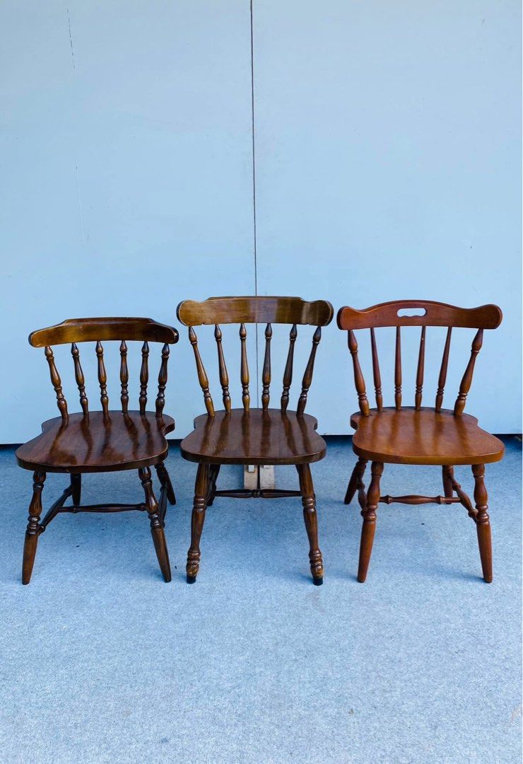 “JAPAN SURPLUS” 3PCS ASSORTED WINDSOR DINING CHAIRS (Category: Chairs) located in Bulacan. Submitted by monmon555 (Listing ID 1468674643, Image 1). Description: “JAPAN SURPLUS” 3PCS ASSORTED WINDSOR DINING CHAIRS SIZE: 18L” x 16W” x 17Sh” x 30H” inches 17L” x 16.5W” x 17Sh” x 31H” inches 18L” x 17W” x 16.5Sh” x 28H” inches (AS-IS ITEM) IN GOOD CONDITION.