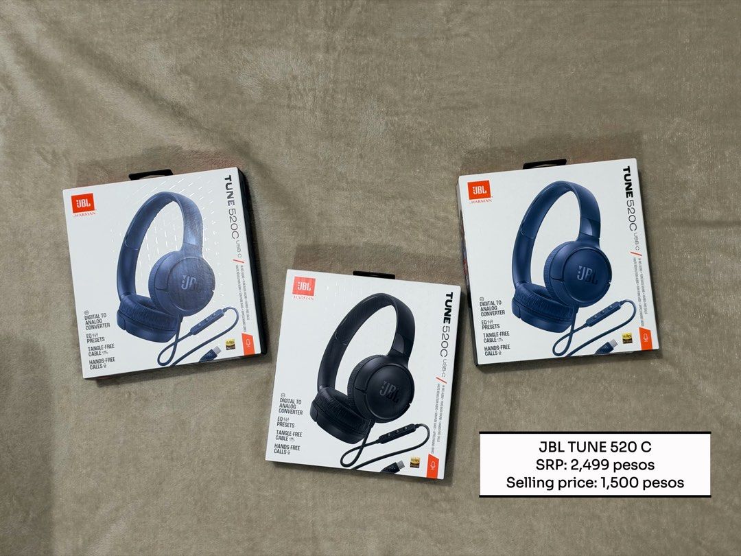 JBL Tune 520C USB-C Wired Headphones (Category: Headphones & Headsets) located in Quezon City. Submitted by aparadornilanda (Listing ID 1468648695, Image 1). Description: FREEBIE FROM IPHONE 18 MIDNIGHT LAUNCH EVENT BY PMC - Brand new & factory-sealed in original packaging (multiple units available) - USB-C wired connection with built-in digital-to-analog converter (DAC) - Customizable sound using convenient EQ presets - Inline microphone for cry