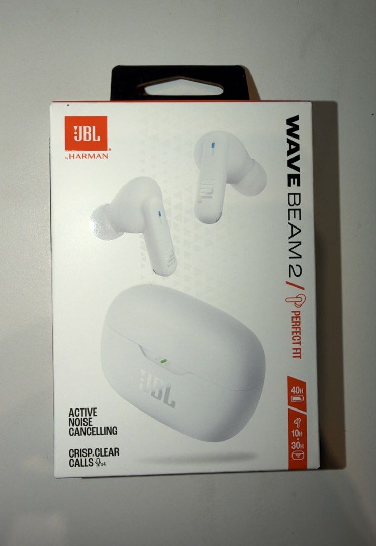 JBL Wave Beam 2 True Wireless Earbuds (Category: Earphones) located in Manila. Submitted by metrowonder (Listing ID 1468512964, Image 1). Description: - Item: JBL Wave Beam 2 Wireless Earbuds - Color: White - Condition: Brand new, unopened, and sealed in original packaging - Active Noise Cancelling (ANC): Yes, built-in - Call Quality: Crystal clear calls with 4 microphones - Battery Life: Up to 40 hours total (10 hours in earbuds + 30 hours in ch