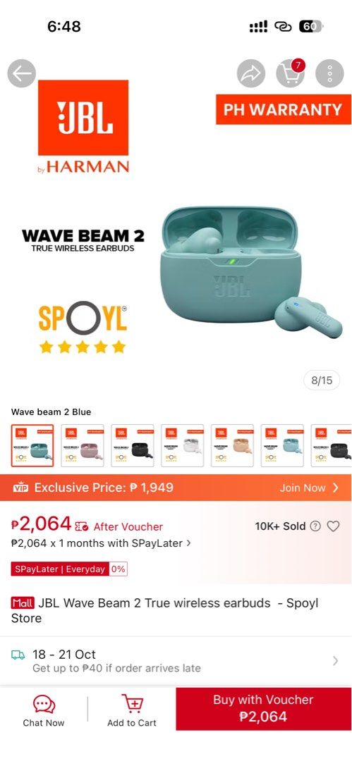 JBL Wave Beam 2 True Wireless Noise Cancelling Earbuds (Category: Earphones) located in Mandaluyong City. Submitted by chosenshop (Listing ID 1468603949, Image 3). Description: - Brand new & unopened JBL Wave Beam 2 wireless earbuds in blue - Active Noise Cancelling (ANC) for immersive sound - Crystal clear calls with built-in mics - Up to 40 hours of total battery life with fast charging - IP54 water and dust resistant design - Multipoint connec