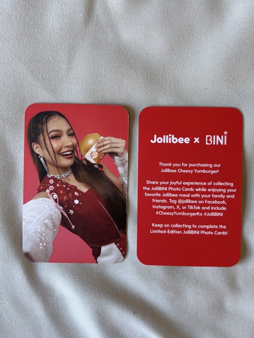 Jollibee x Bini Jollibini Photocards (Category: Art & Prints) located in Lucena. Submitted by skinny.virgo (Listing ID 1468535634, Image 2). Description: Jollibee x BINI JolliBini Photocards Price: P200 each Set Price: P1200 Members Available: (2) Sheena Selfie Version (1) Sheena Standing Version (1) Colet Selfie Version (1) Stacey Selfie Version (1) Jhoanna Selfie Version (1) Gwen Selfie Version .