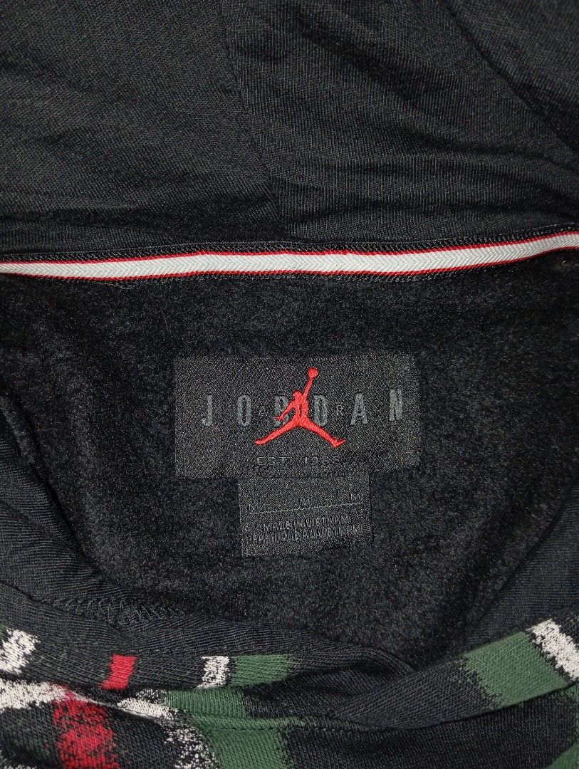 Jordan Plaid Fleece Pullover Hoodie (Category: Hoodies) located in Guihulngan. Submitted by jaylordfra13193 (Listing ID 1468682417, Image 2). Description: - Brand: Jordan - Size: Medium - Colorway: Green, black, and red plaid - Material: 80% cotton, 20% polyester (Made in Vietnam) - Design: Embroidered white Jumpman logo on chest, kangaroo front pocket, adjustable hood - Fit/Feel: Warm heavyweight fabric, cozy fit, ribbed cuffs and hem - Style: G