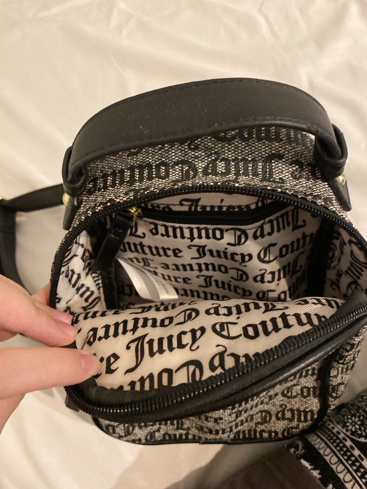 Juicy Couture Backpack (Category: Luxury Bags & Wallets) located in Quezon City. Submitted by pixavix (Listing ID 1468667286, Image 3). Description: - Brand: Juicy Couture - Style: Small Backpack / Mini Backpack - Color/Design: Black & White monogram pattern with black trim - Hardware: Gold-tone accents, featuring a signature gold heart logo on the front pocket - Interior: Branded fabric lining with an inner zip pocket for small essentials - Cond
