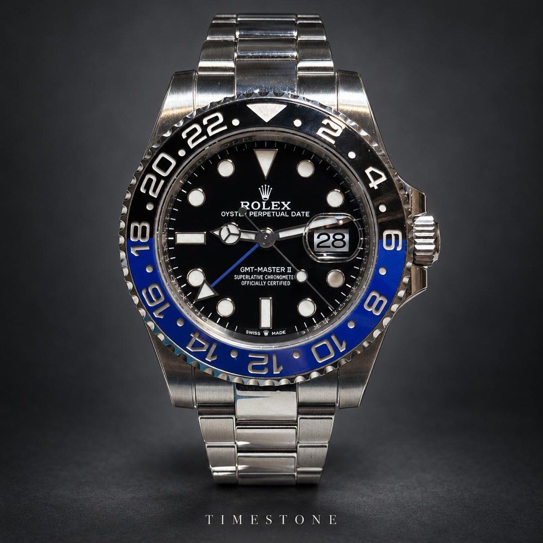 July 2022 Rolex GMT-Master II “Batman” · Oyster · 40mm 126710BLNR (Category: Watches) located in Singapore. Submitted by watchdistrict (Listing ID 1468550089, Image 1). Description: TIMESTONE | NEW ARRIVAL Rolex GMT-Master II “Batman” · Oyster · 40mm A vivid blue and black bezel frames the crisp black dial, paired with an Oyster bracelet for a bold, sporty look. Price: SGD $19,880 Reference: 126710BLNR Dial: Black Bezel: Blue & Black Bracelet: Oy