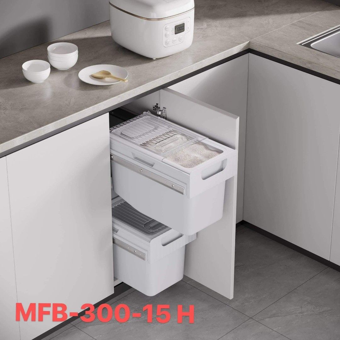 Kitchen Cabinet Pull-Out Rice Bin (Category: Storage Boxes & Baskets) located in Manila. Submitted by homecourtkitchenandbath (Listing ID 1468576684, Image 2). Description: - Brand: Diarkis - Color/Finish: White - Capacity: 15L - Condition: Brand new, Ready to install - Features: Pull-out design for easy cabinet mounting and sliding access, keeps rice dry and protected - Dimensions: W262-268mm x D420mm x H260mm.