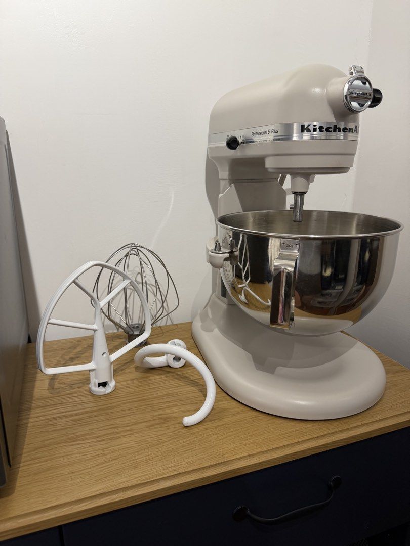 KitchenAid Professional 5 with Meiji Transformer (Category: Hand & Stand Mixers) located in Manila. Submitted by qfayeeeee (Listing ID 1468552805, Image 2). Description: -Bought in the US -Used for only 3 times - Can pass as brand-new - Model: KitchenAid Professional 5 Plus Stand Mixer - Color: Matte Beige - Design: Bowl-lift with a large stainless steel bowl and handle - Included Attachments: Flat beater, dough hook, and wire whip - Condition: C