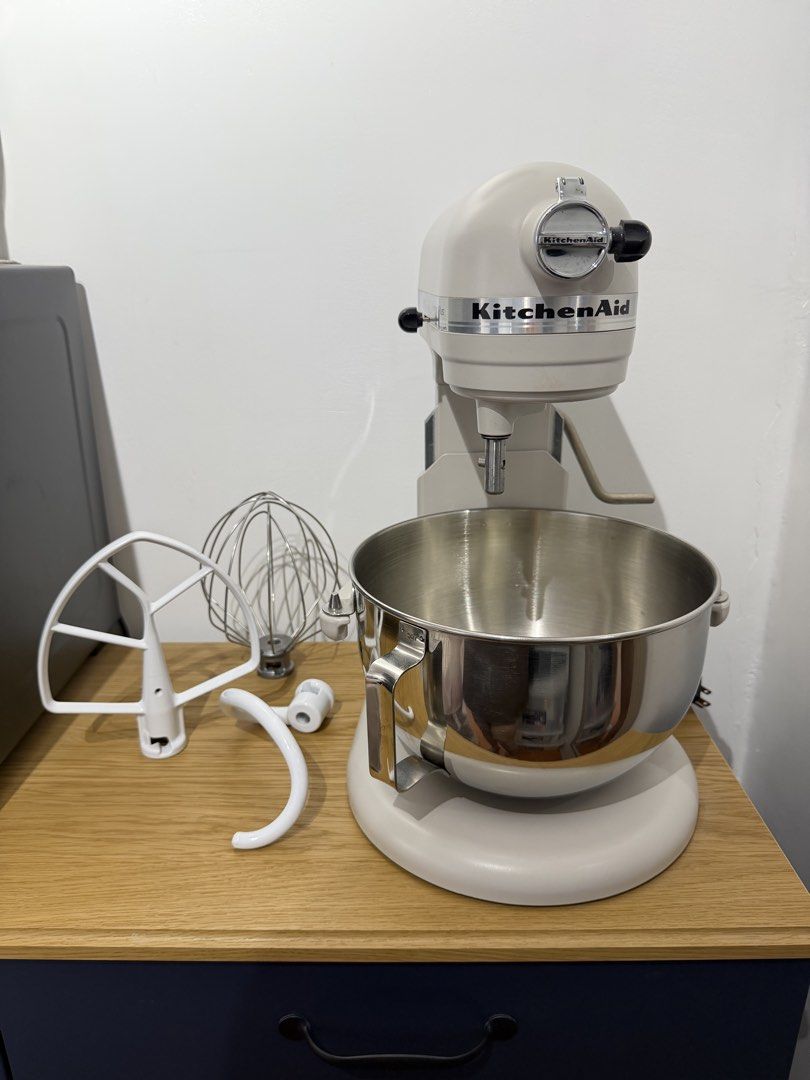 KitchenAid Professional 5 with Meiji Transformer (Category: Hand & Stand Mixers) located in Manila. Submitted by qfayeeeee (Listing ID 1468552805, Image 1). Description: -Bought in the US -Used for only 3 times - Can pass as brand-new - Model: KitchenAid Professional 5 Plus Stand Mixer - Color: Matte Beige - Design: Bowl-lift with a large stainless steel bowl and handle - Included Attachments: Flat beater, dough hook, and wire whip - Condition: C
