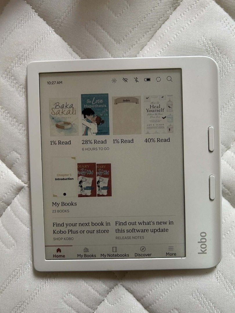 Kobo Libra Colour (Category: E-Readers) located in San Pablo. Submitted by anicahclosetonlineshop (Listing ID 1468712022, Image 1). Description: - Brand/Model: Kobo Libra Colour - Color: White - Screen: Color E Ink display showing vibrant book covers and library - Design: Ergonomic body with convenient physical page-turn buttons on the side - Condition: Excellent pre-loved condition, tested and working perfectly - Features: Easy access to My Book