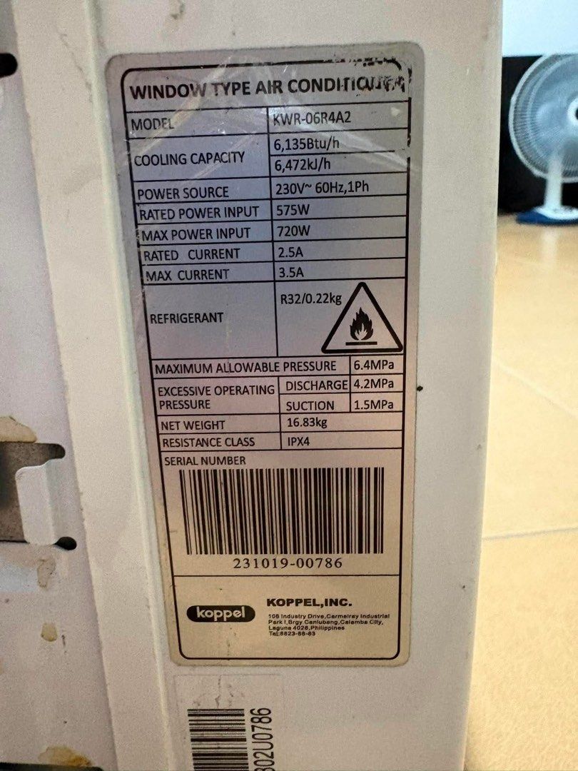 Koppel KWR-06R4A2 Window Type Air Conditioner (Category: Air Conditioning and Heating) located in Manila. Submitted by jemarie173810 (Listing ID 1468507535, Image 2). Description: - Brand/Model: Koppel Window Type AC (KWR-06R4A2) - Cooling Capacity: 6,135 Btu/h - Power: 230V, 60Hz, 1-phase (575W) - Inclusions: Remote control and power cord - Color: White with standard front vents and control panel - Serial Number: 231019-00786.