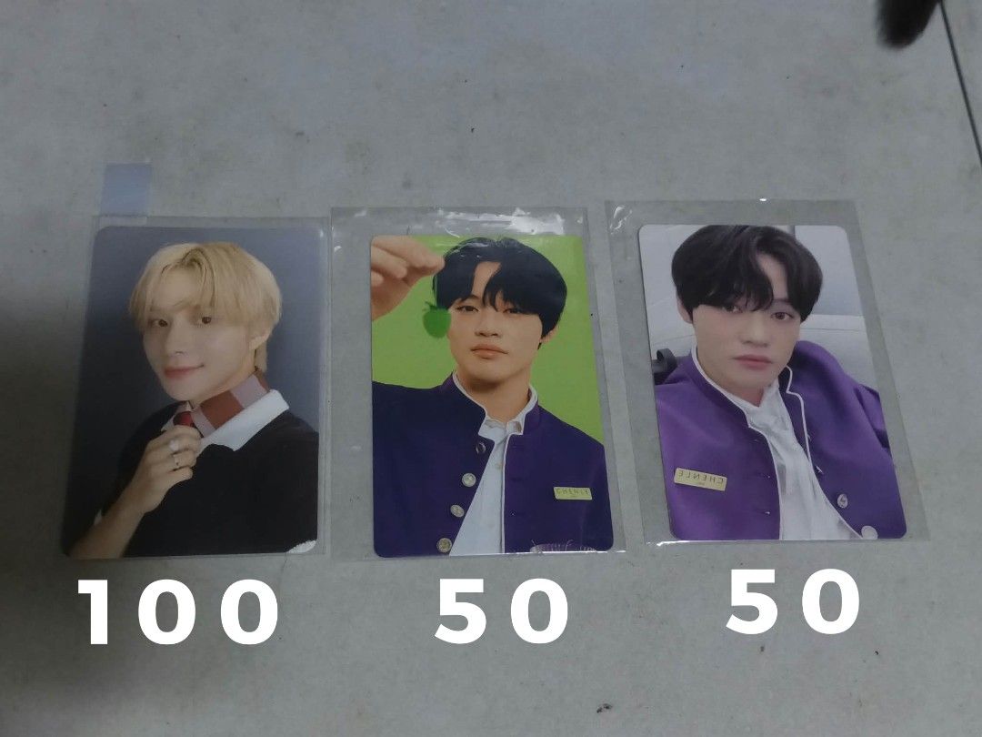 Kpop Photocards Seventeen Twice NCT (Category: K-Wave Merchandise) located in Manila. Submitted by pabilepomarlboroblue (Listing ID 1468590412, Image 2). Description: - Groups: Seventeen, NCT, Twice - Condition: Kept in protective sleeves since pulling - Price Range: ₱25 to ₱150 (individual prices marked on photos) - Send a message to claim your bias before they sell out.