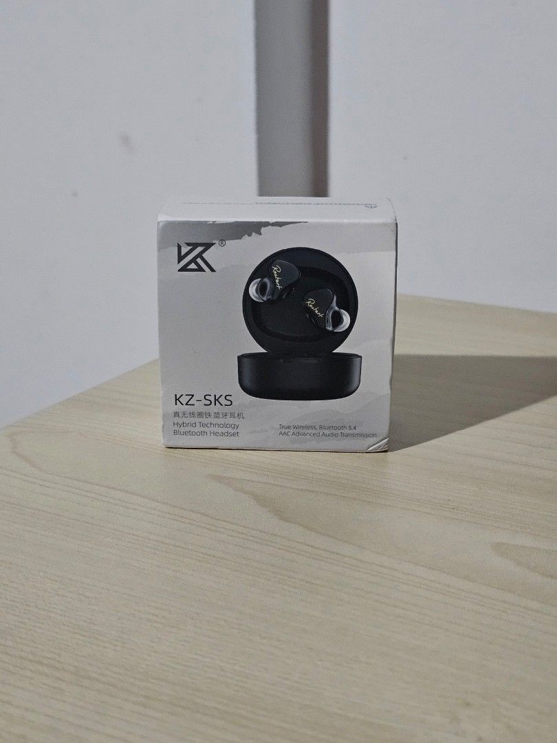 KZ-SKS TWS Wireless Earphones (Category: Earphones) located in Paranaque City. Submitted by mab.villareal (Listing ID 1468528543, Image 1). Description: KZ-SKS wireless earphones in black with charging case and original packaging box. Hybrid technology Bluetooth headset with AAC advanced audio transmission. Brand new. Unused. RFS: overhoarded .